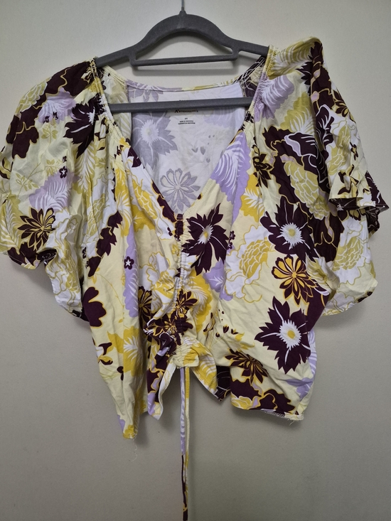 Maeve Tops - Maeve Yellow, Purple & Brown Floral Tie-Front Crop Top